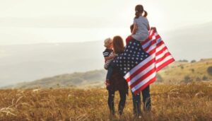 conservative family with American flag
